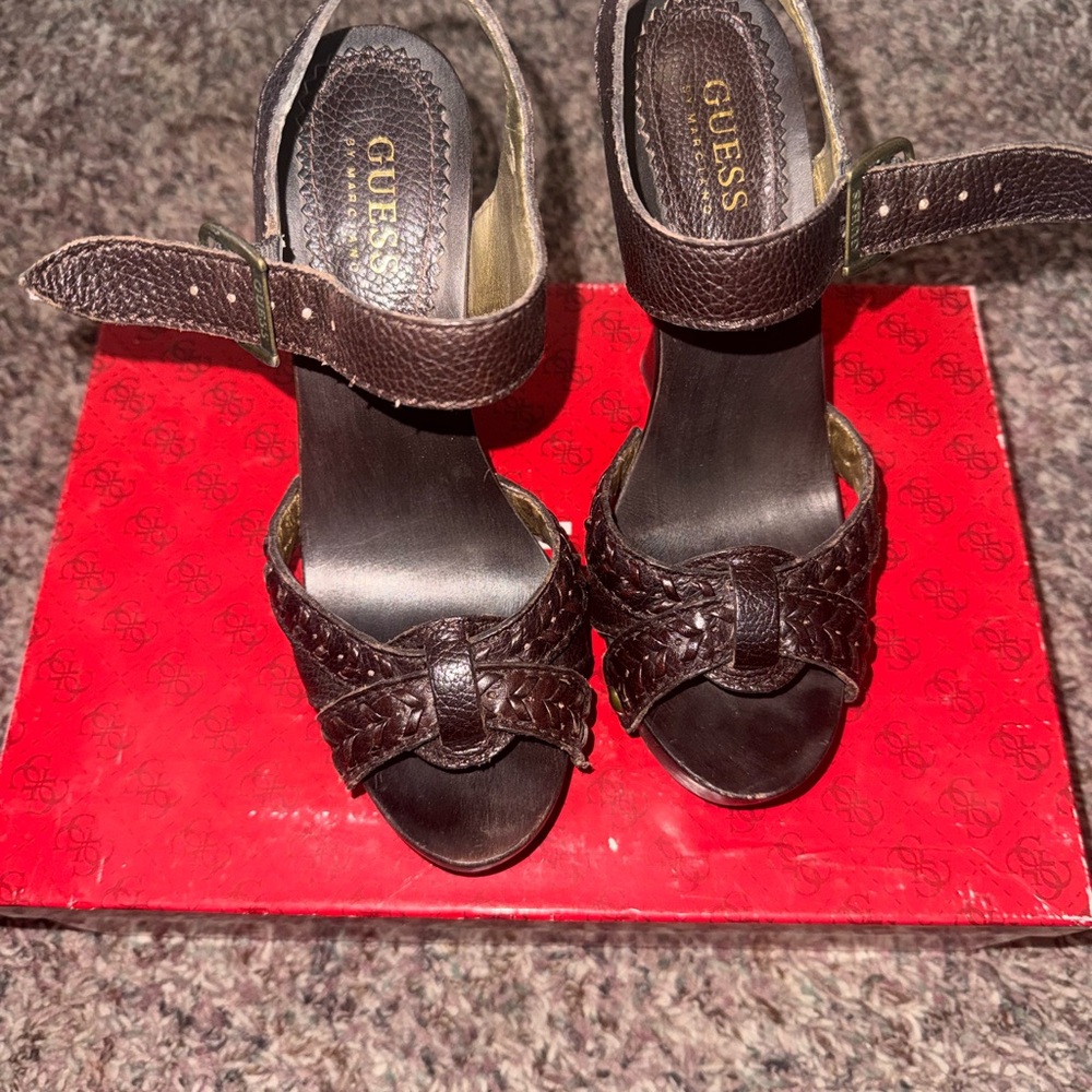 GUESS Women's Dark Brown Braided Leather Ankle Strap Heels size 7